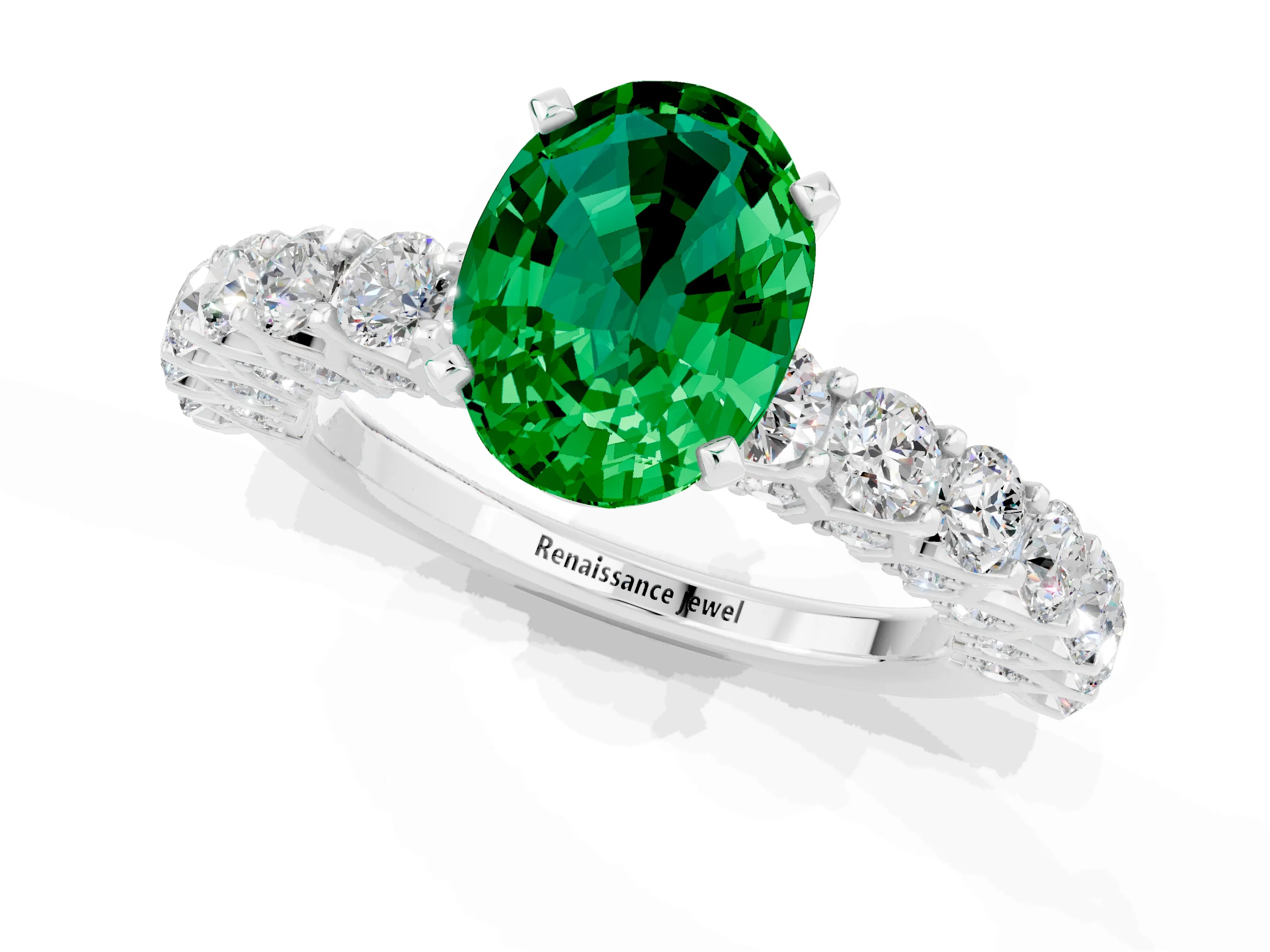 White gold Oval Cut Emerald Solitaire Ring with Shared Prong Pavé Band and Four-Prong Setting_1