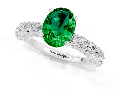 White gold Oval Cut Emerald Solitaire Ring with Shared Prong Pavé Band and Four-Prong Setting_1