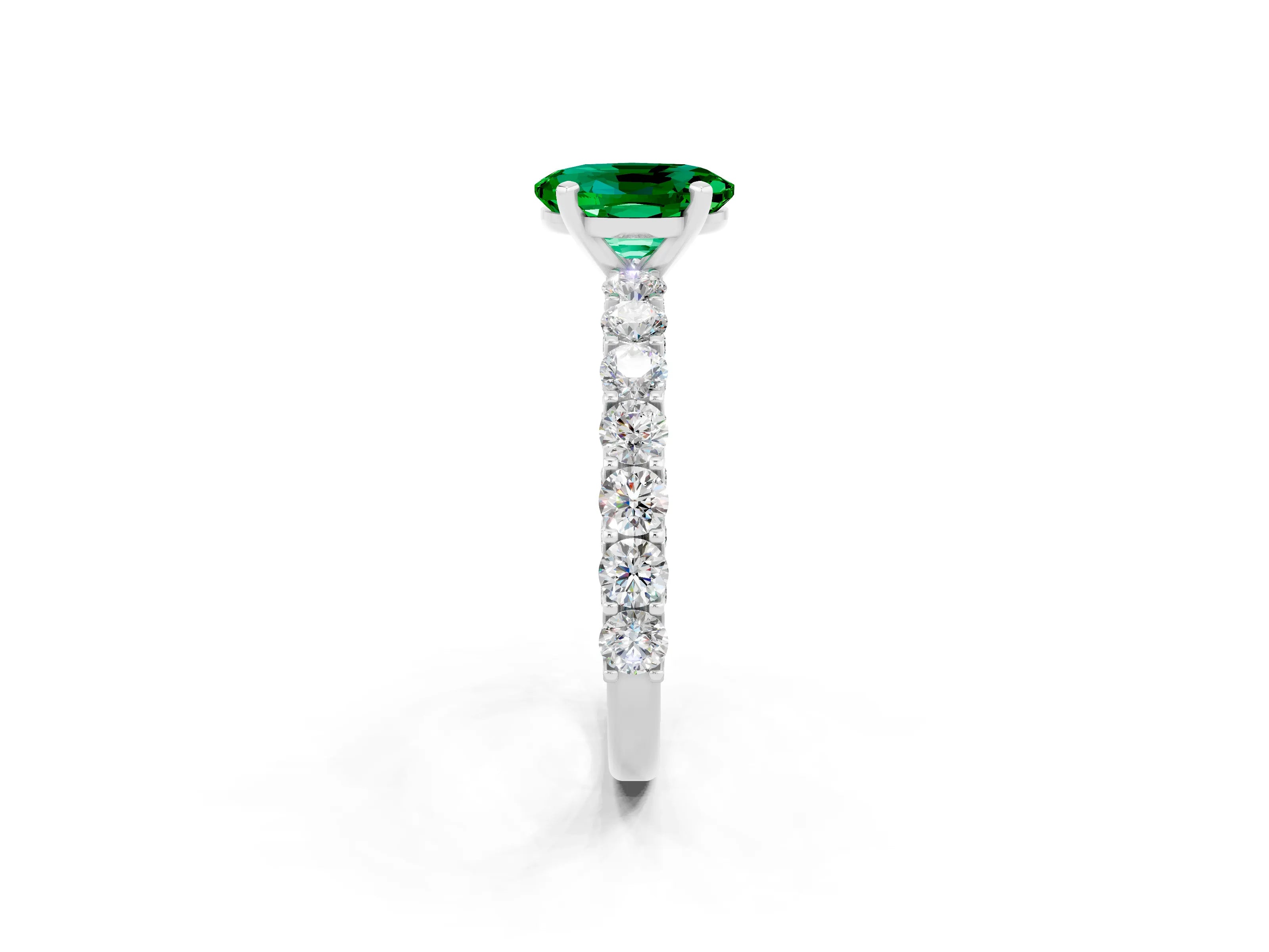 White gold Oval Cut Emerald Solitaire Ring with Shared Prong Pavé Band and Four-Prong Setting_2