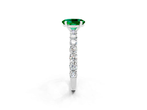 White gold Oval Cut Emerald Solitaire Ring with Shared Prong Pavé Band and Four-Prong Setting_2