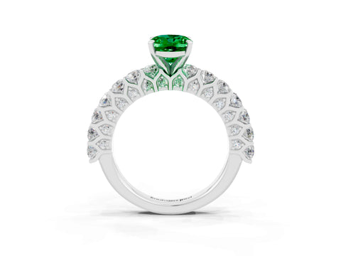 White gold Oval Cut Emerald Solitaire Ring with Shared Prong Pavé Band and Four-Prong Setting_3