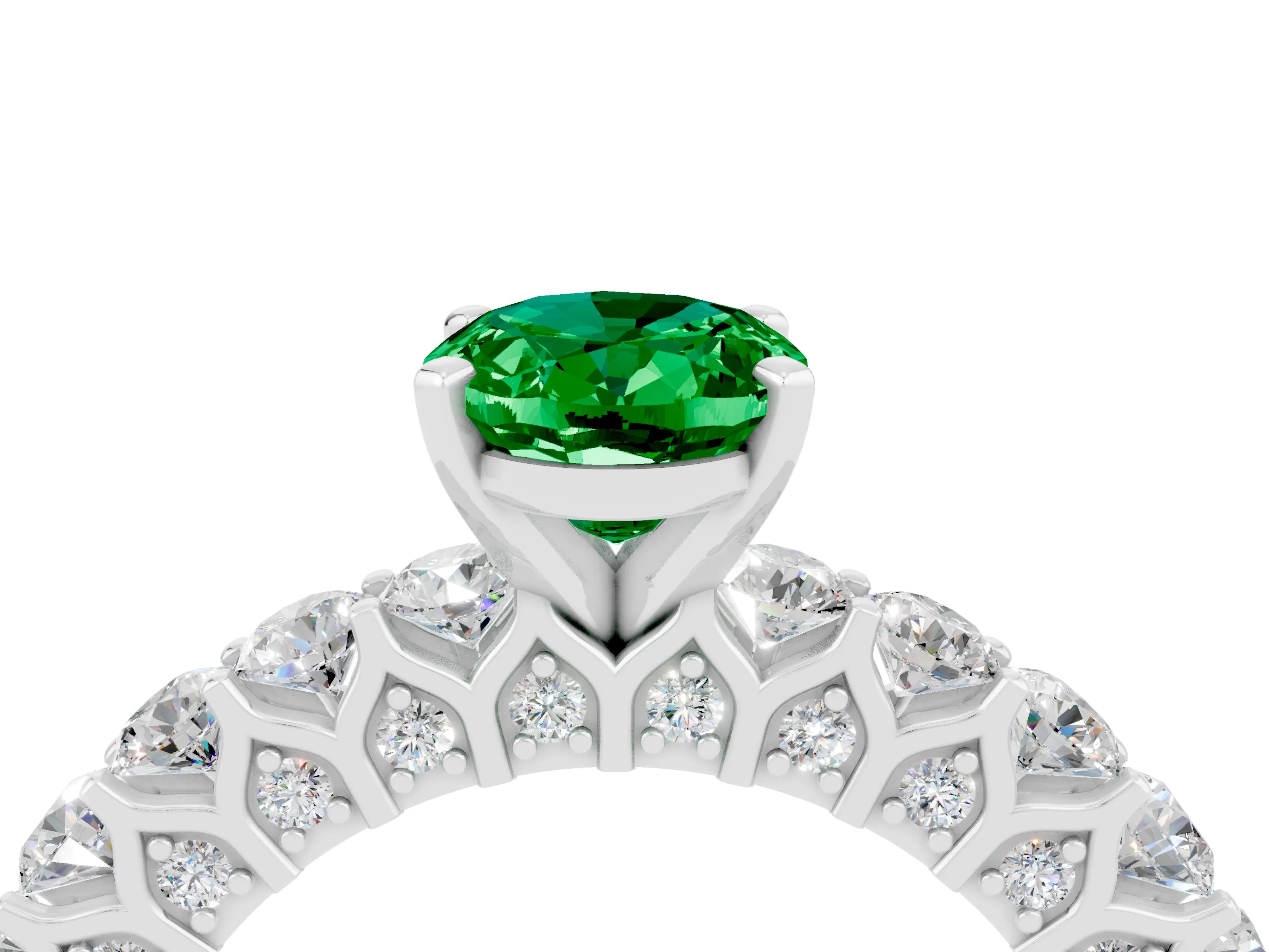 White gold Oval Cut Emerald Solitaire Ring with Shared Prong Pavé Band and Four-Prong Setting_4