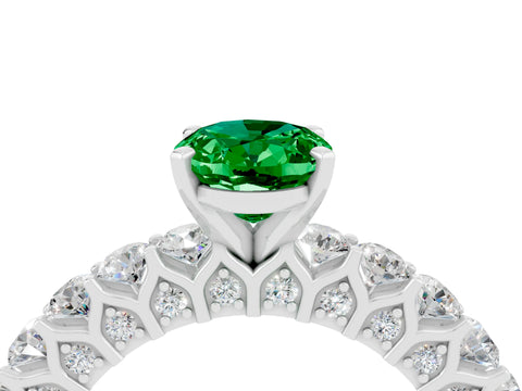 White gold Oval Cut Emerald Solitaire Ring with Shared Prong Pavé Band and Four-Prong Setting_4