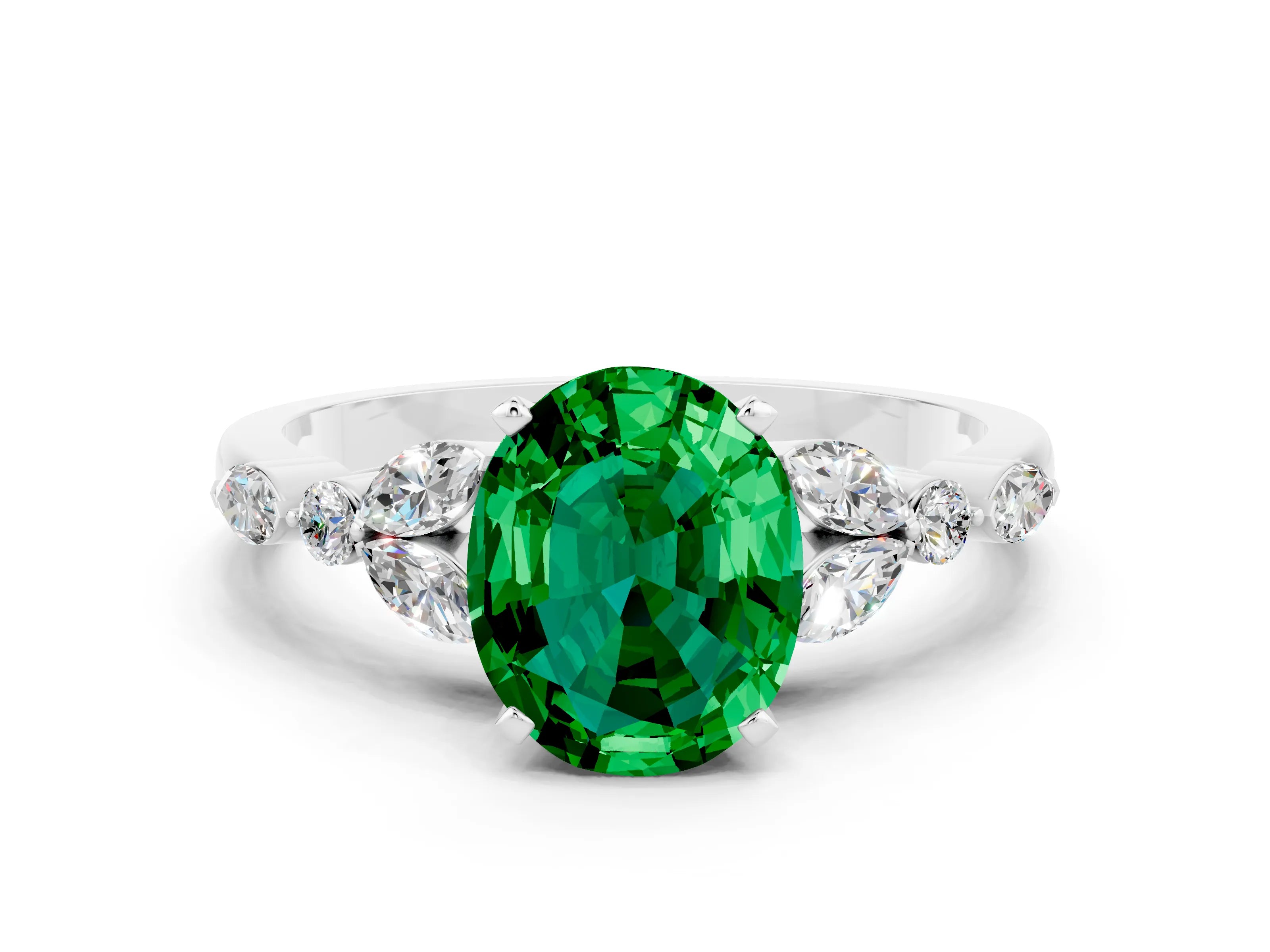 White gold Oval Cut Emerald Solitaire Ring with Side Stones and Four-Prong Setting_10