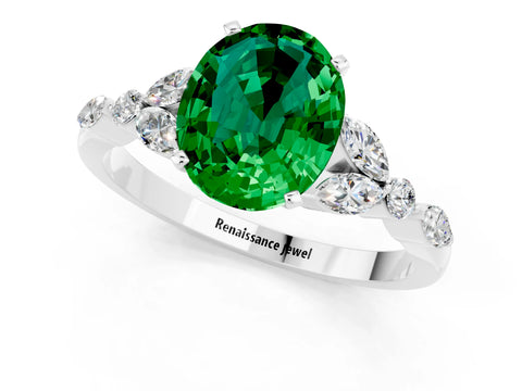 White gold Oval Cut Emerald Solitaire Ring with Side Stones and Four-Prong Setting_11