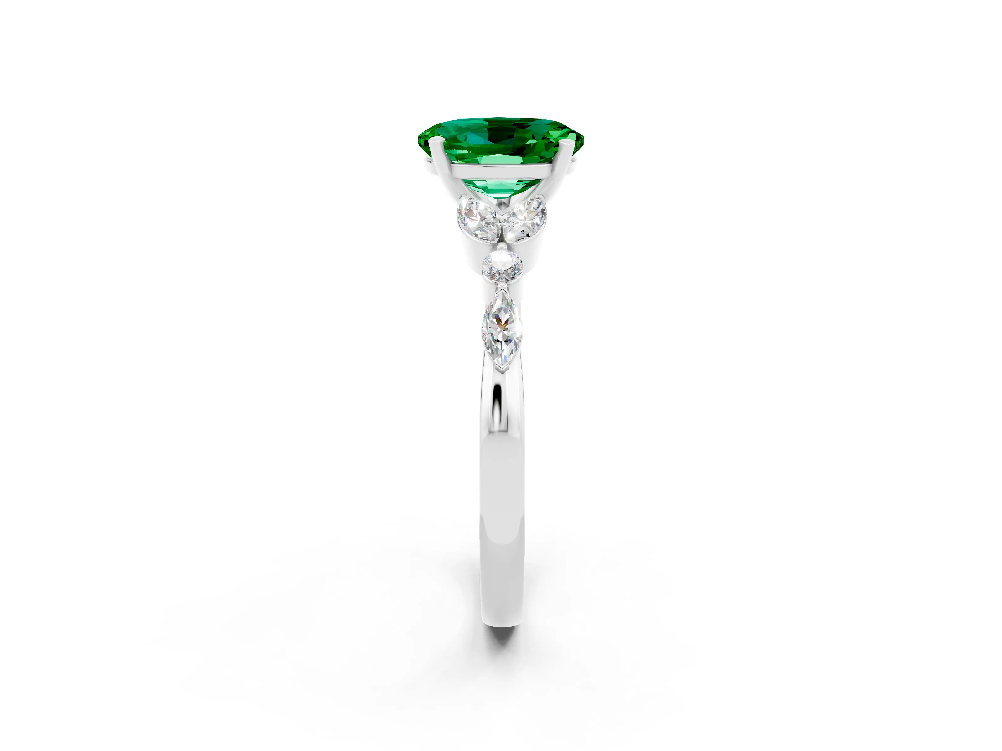 White gold Oval Cut Emerald Solitaire Ring with Side Stones and Four-Prong Setting_24