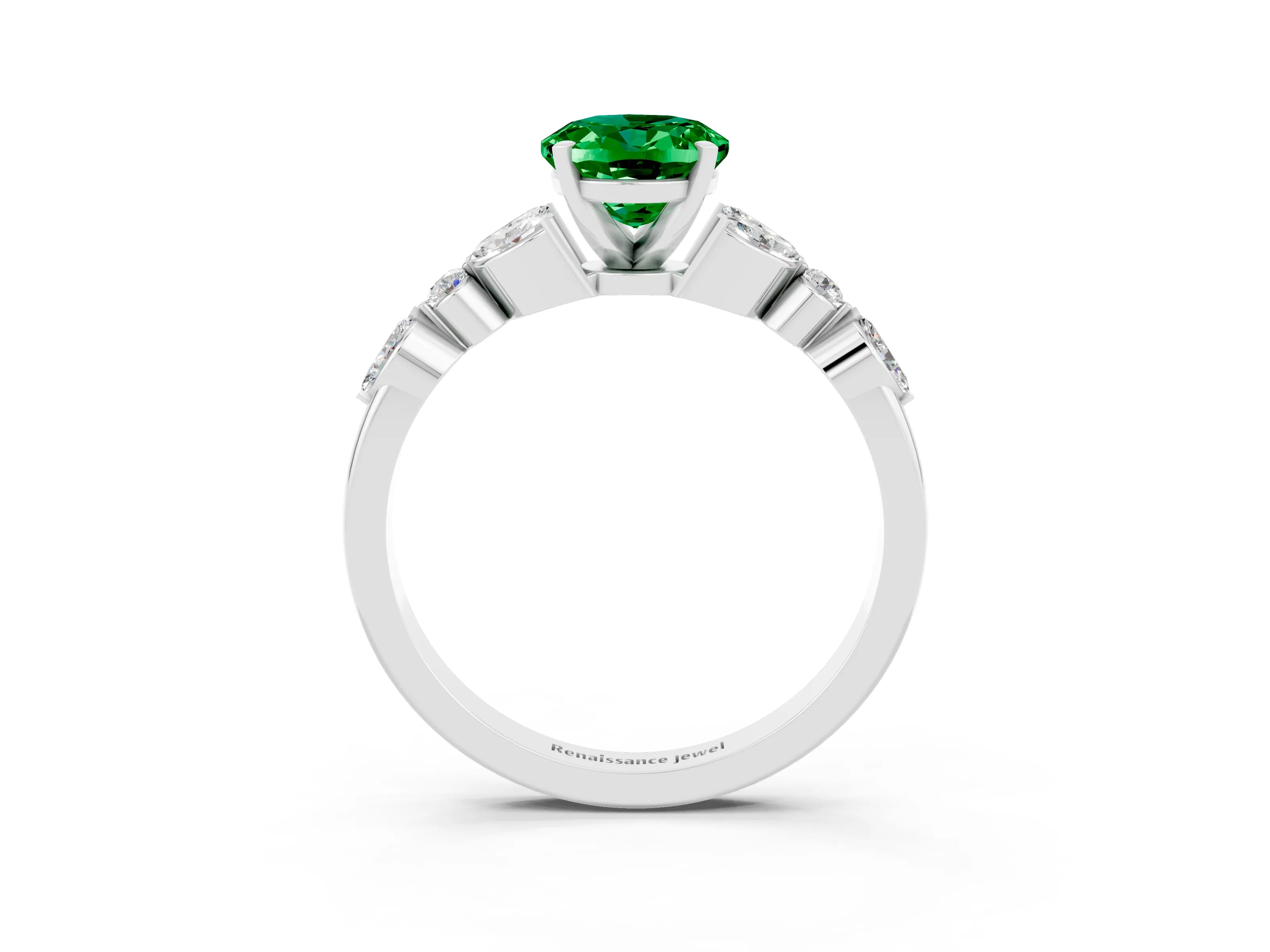 White gold Oval Cut Emerald Solitaire Ring with Side Stones and Four-Prong Setting_25