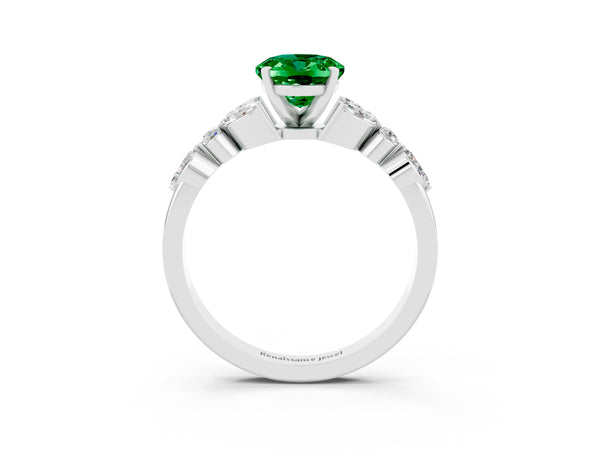 White gold Oval Cut Emerald Solitaire Ring with Side Stones and Four-Prong Setting