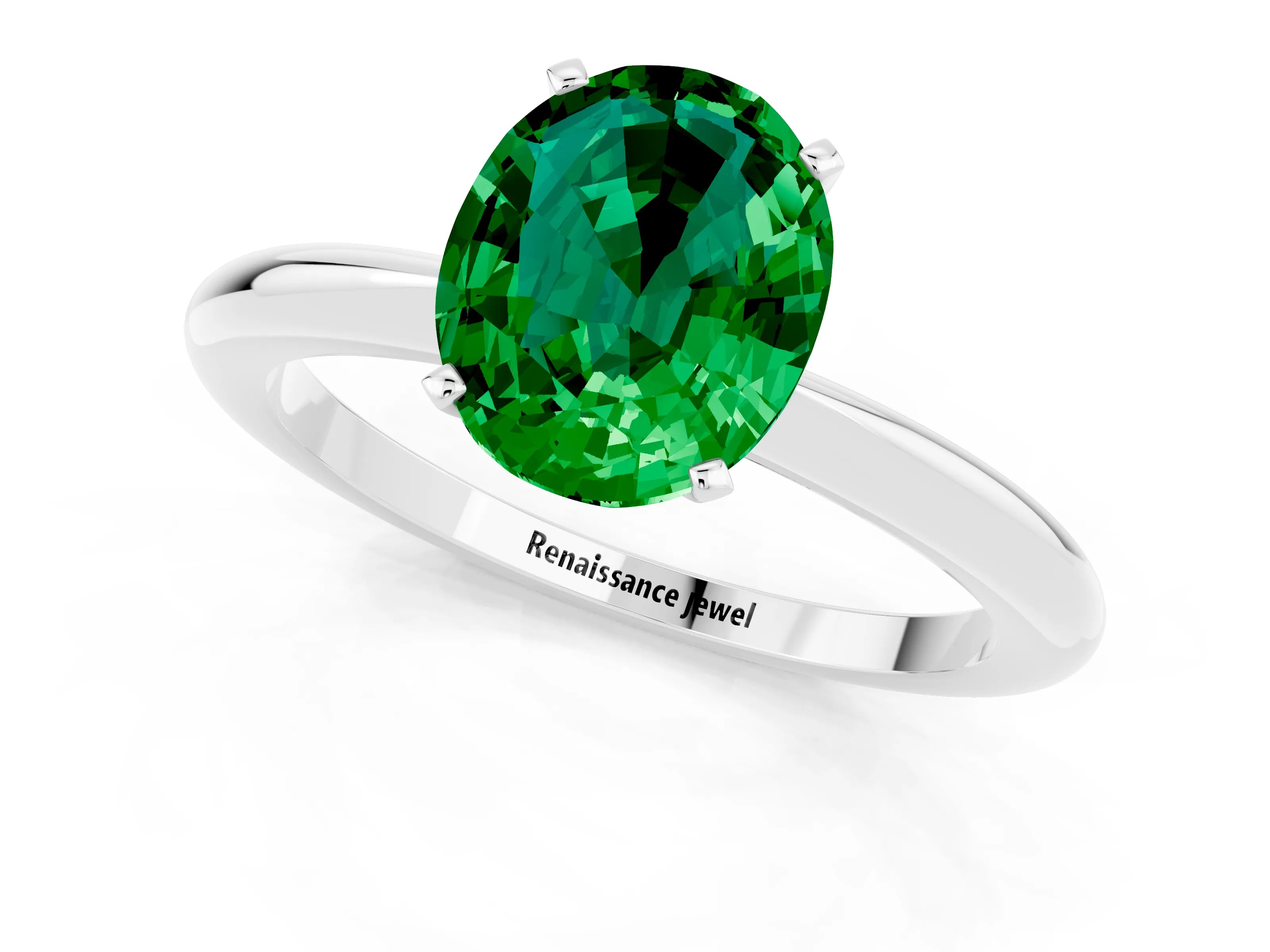 White gold Oval Cut Emerald Solitaire Ring with Six-Prong Setting and Classic Band_1