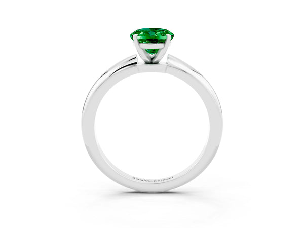 White gold Oval Cut Emerald Solitaire Ring with Six-Prong Setting and Classic Band