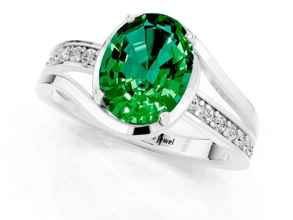 Silver Oval Cut Emerald Solitaire Ring with Split Shank and Prong Setting