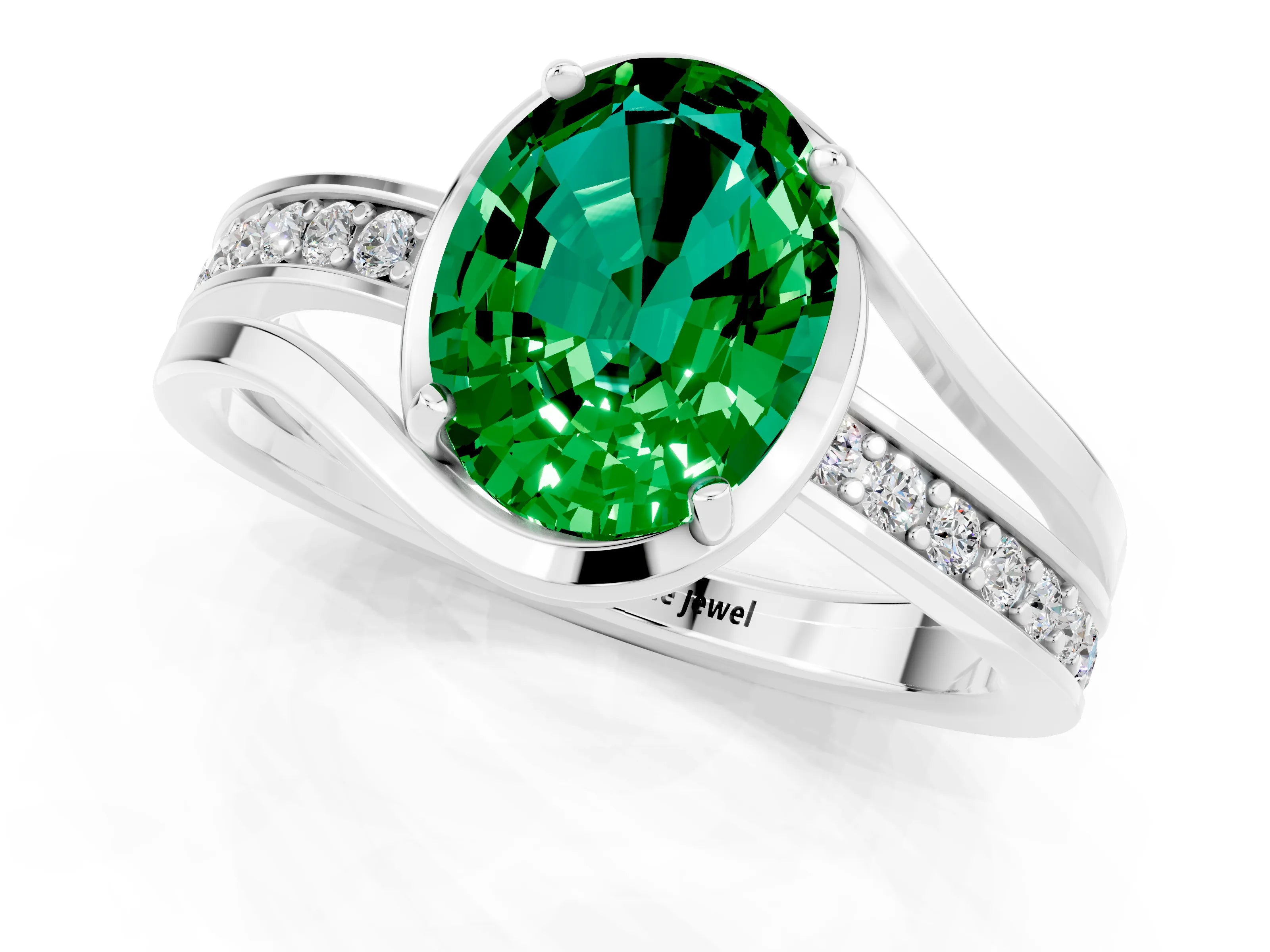 White gold Oval Cut Emerald Solitaire Ring with Split Shank and Prong Setting_1