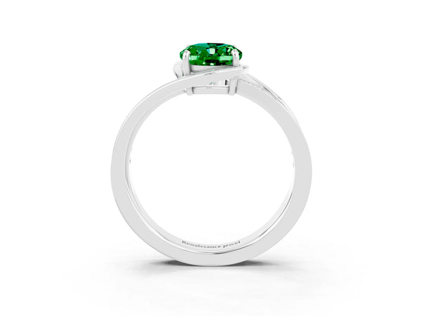 Platinum Oval Cut Emerald Solitaire Ring with Split Shank and Prong Setting