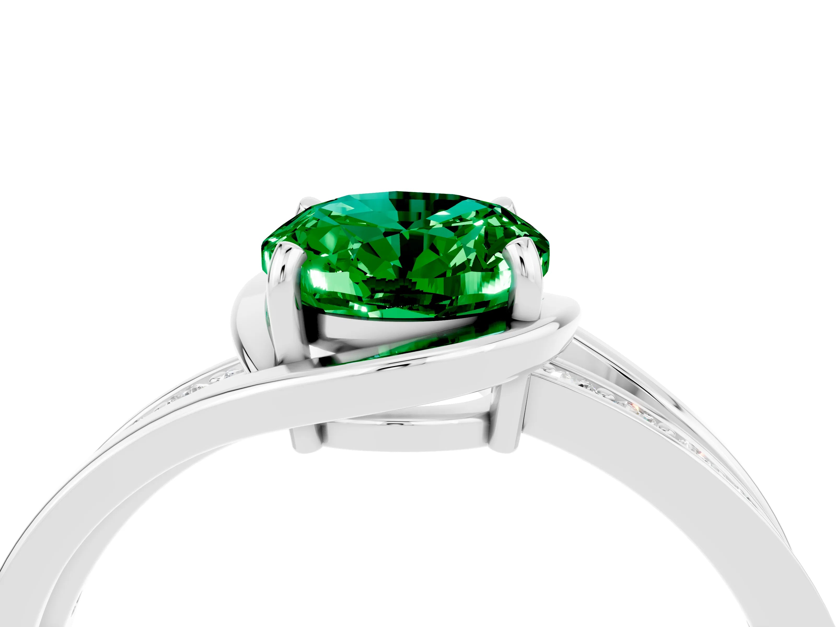 White gold Oval Cut Emerald Solitaire Ring with Split Shank and Prong Setting_4