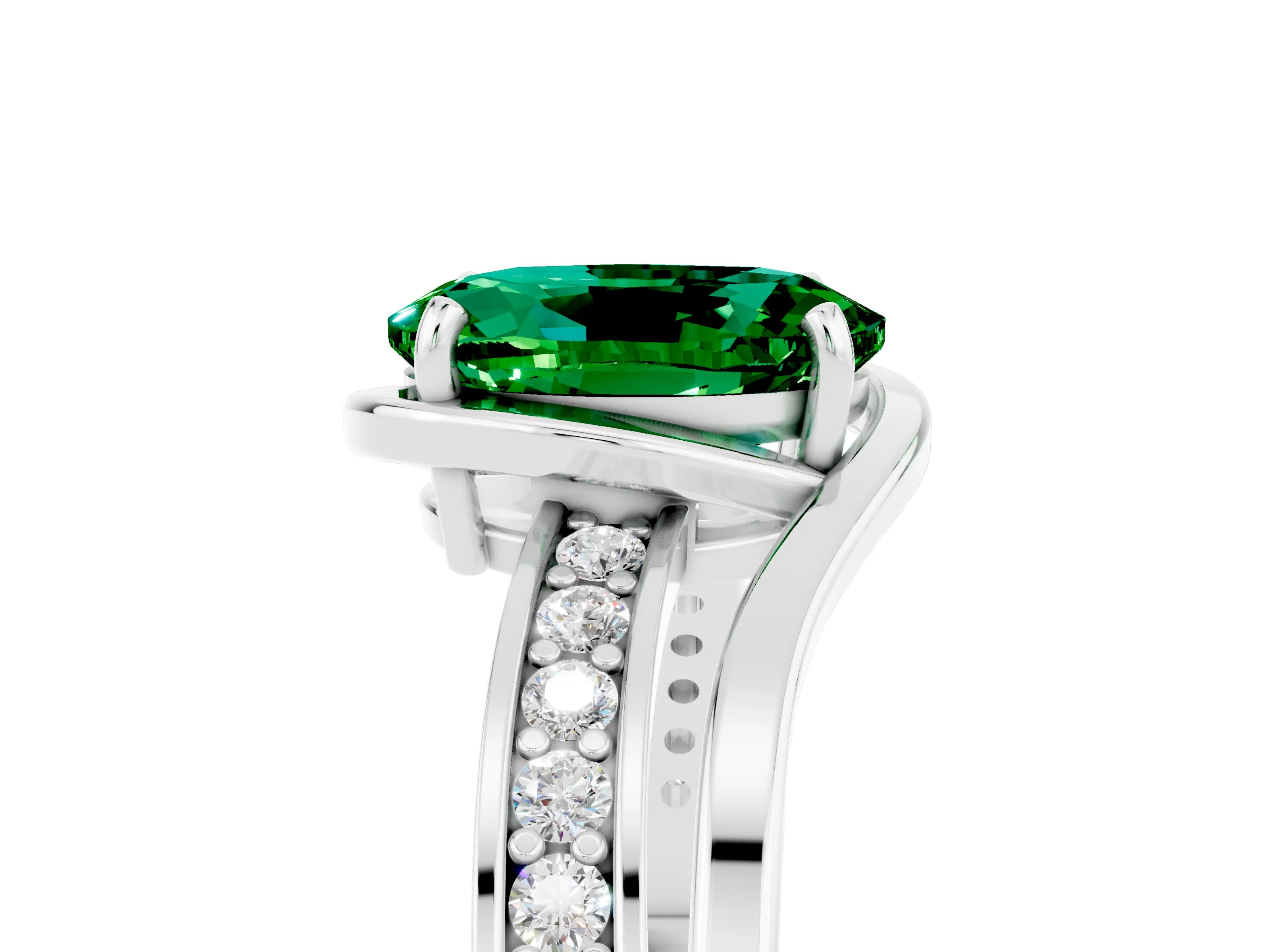 White gold Oval Cut Emerald Solitaire Ring with Split Shank and Prong Setting_5
