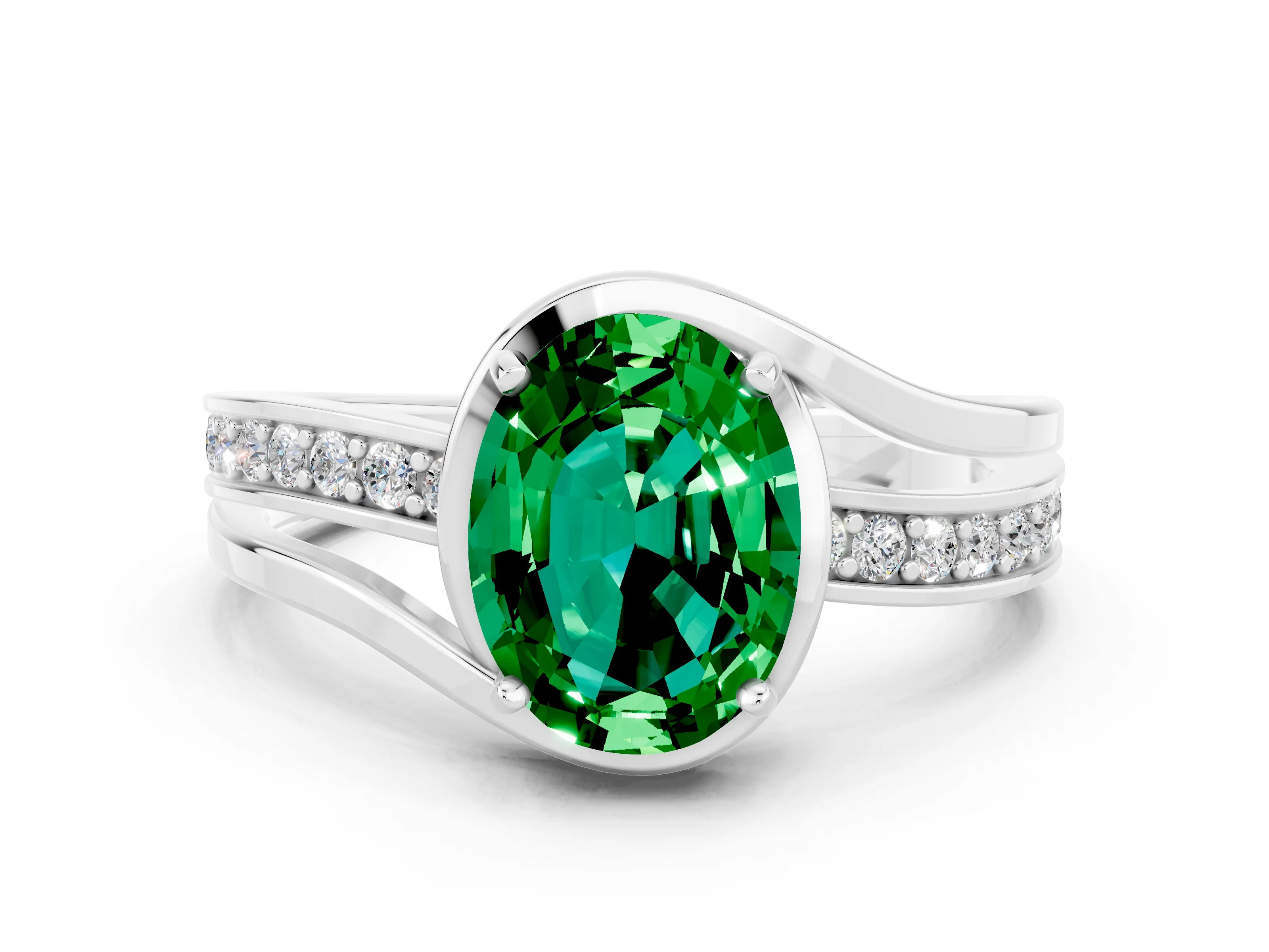 White gold Oval Cut Emerald Solitaire Ring with Split Shank and Prong Setting