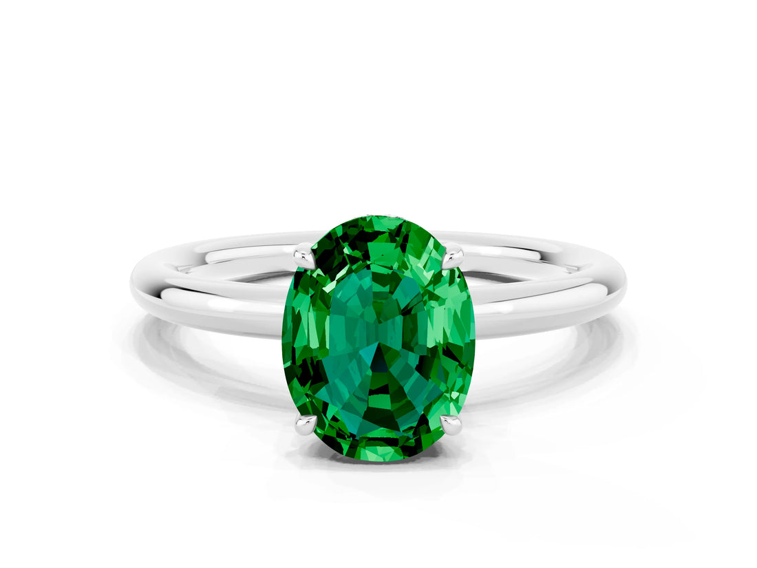 White gold Oval Cut Emerald Solitaire Ring with Thin Band and Four-Prong Setting_12