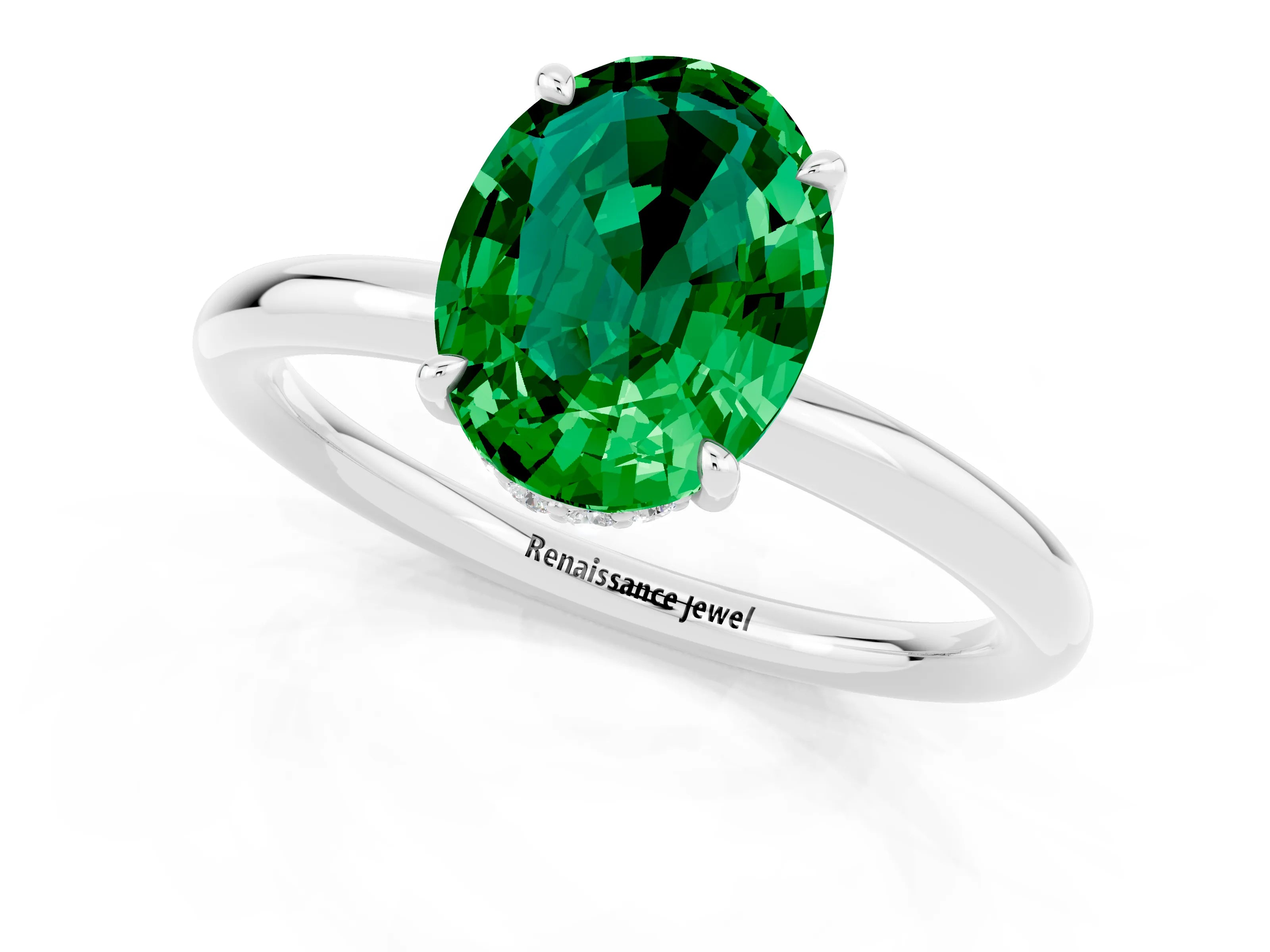 White gold Oval Cut Emerald Solitaire Ring with Thin Band and Four-Prong Setting_13