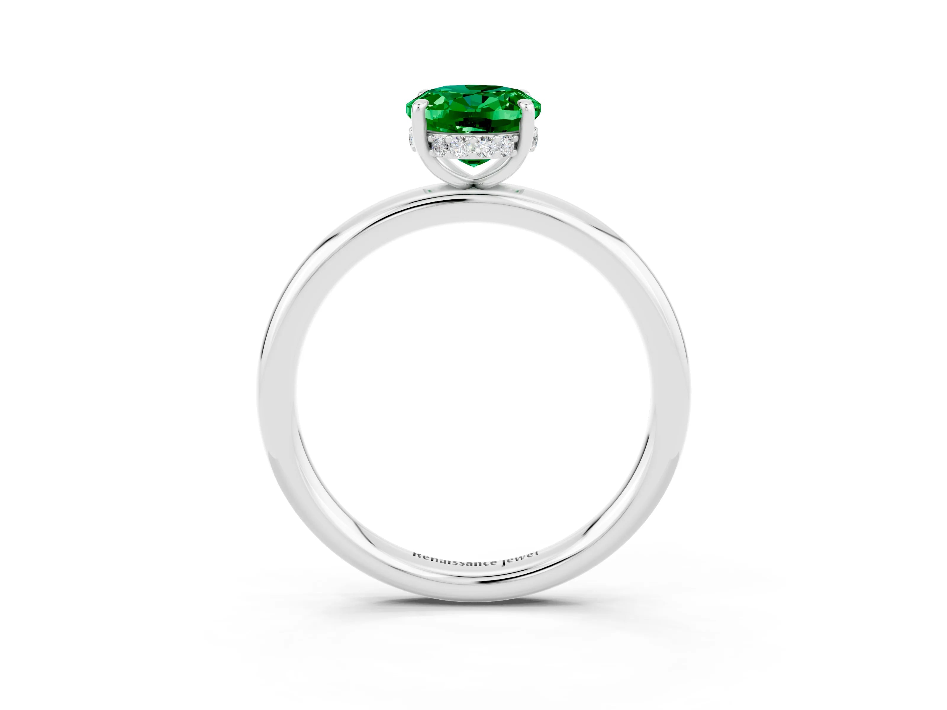 White gold Oval Cut Emerald Solitaire Ring with Thin Band and Four-Prong Setting_15