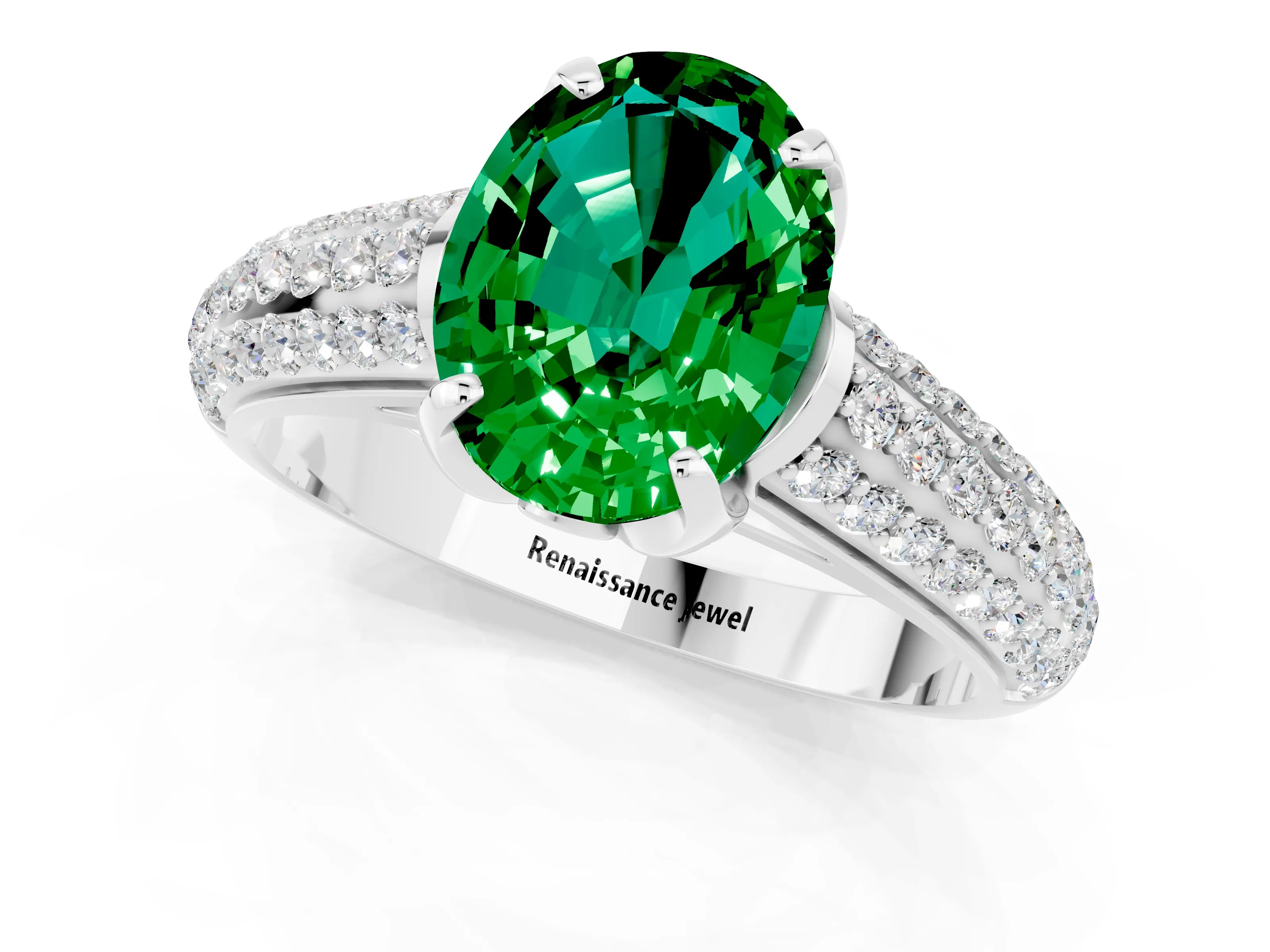 White gold Oval Cut Emerald Solitaire Ring with Three-Row Pavé Band and Four-Prong Setting_13