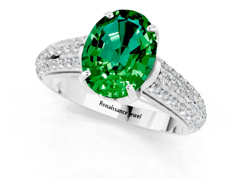 White gold Oval Cut Emerald Solitaire Ring with Three-Row Pavé Band and Four-Prong Setting_13