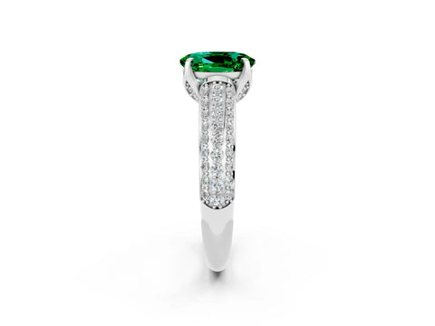 White gold Oval Cut Emerald Solitaire Ring with Three-Row Pavé Band and Four-Prong Setting_14