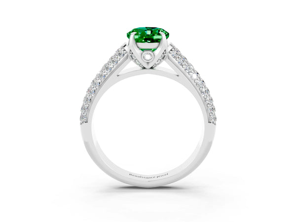 Silver Oval Cut Emerald Solitaire Ring with Three-Row Pavé Band and Four-Prong Setting