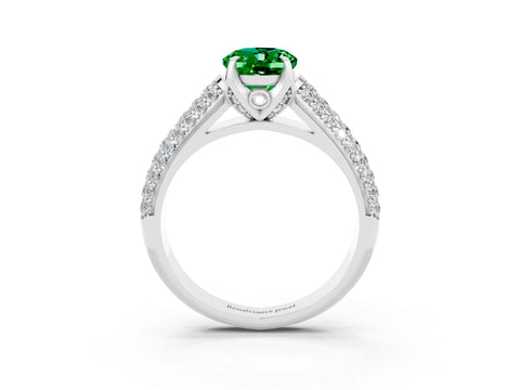 White gold Oval Cut Emerald Solitaire Ring with Three-Row Pavé Band and Four-Prong Setting_15