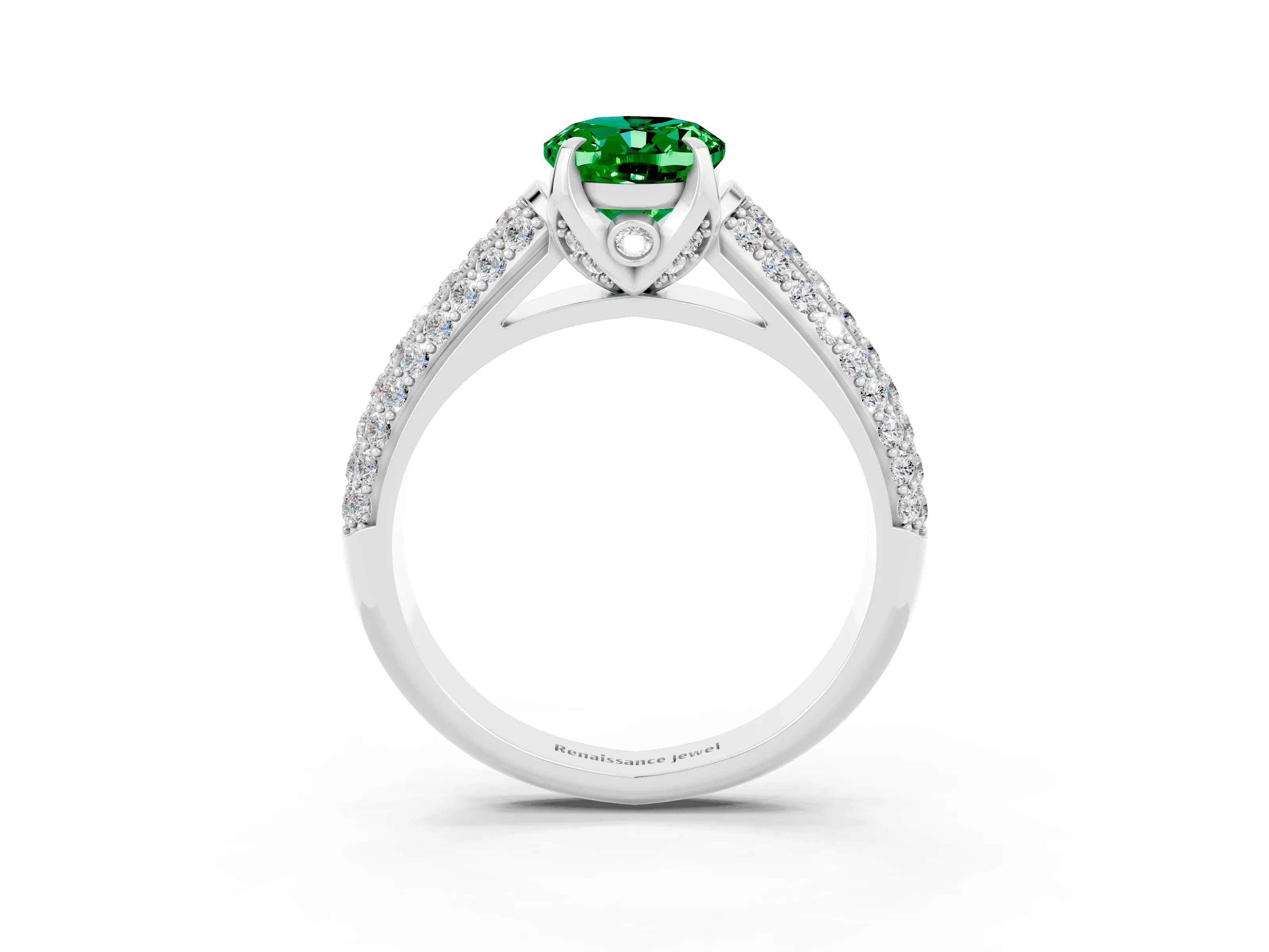White gold Oval Cut Emerald Solitaire Ring with Three-Row Pavé Band and Four-Prong Setting_15