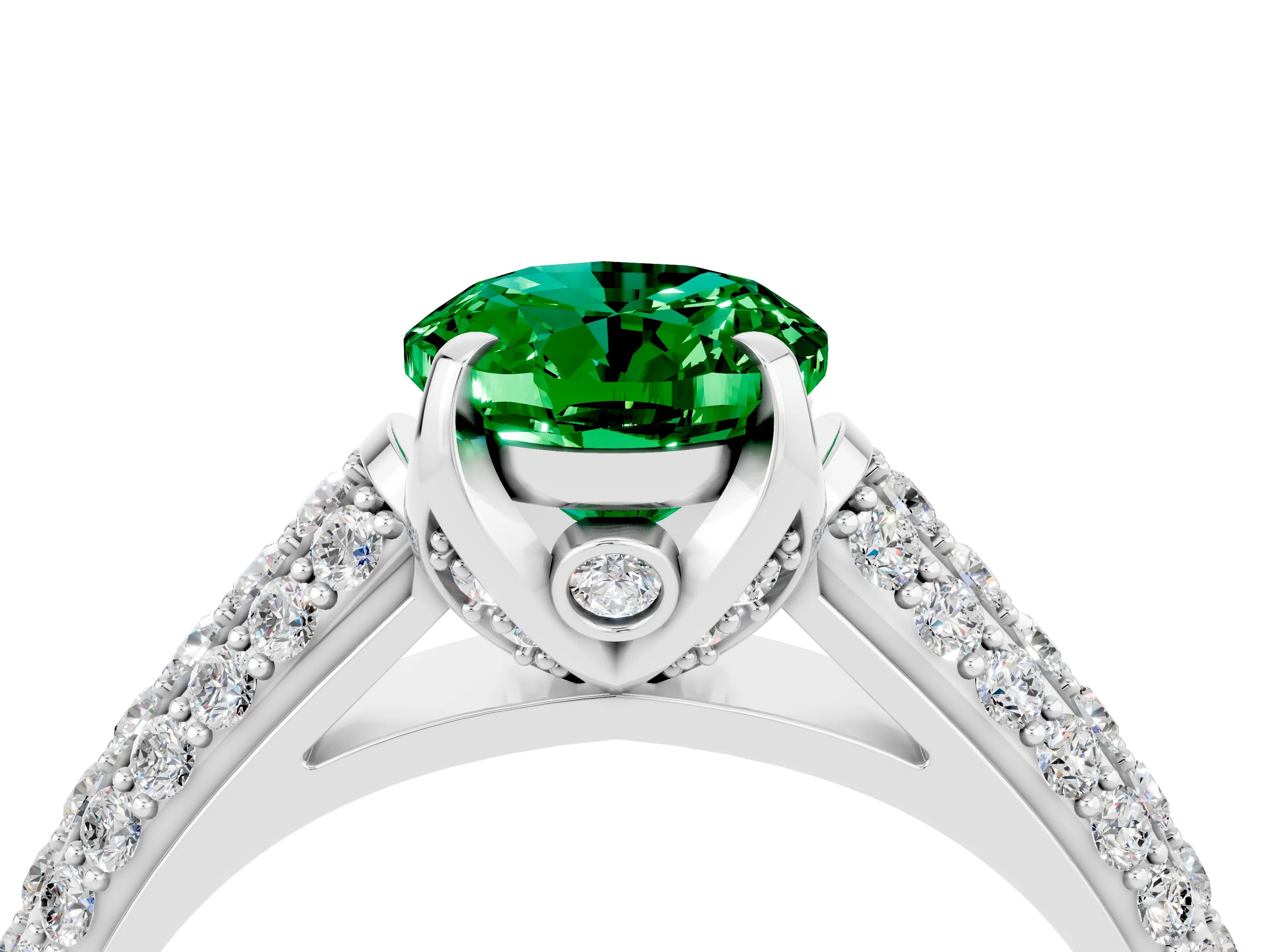 White gold Oval Cut Emerald Solitaire Ring with Three-Row Pavé Band and Four-Prong Setting_16