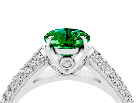White gold Oval Cut Emerald Solitaire Ring with Three-Row Pavé Band and Four-Prong Setting_16