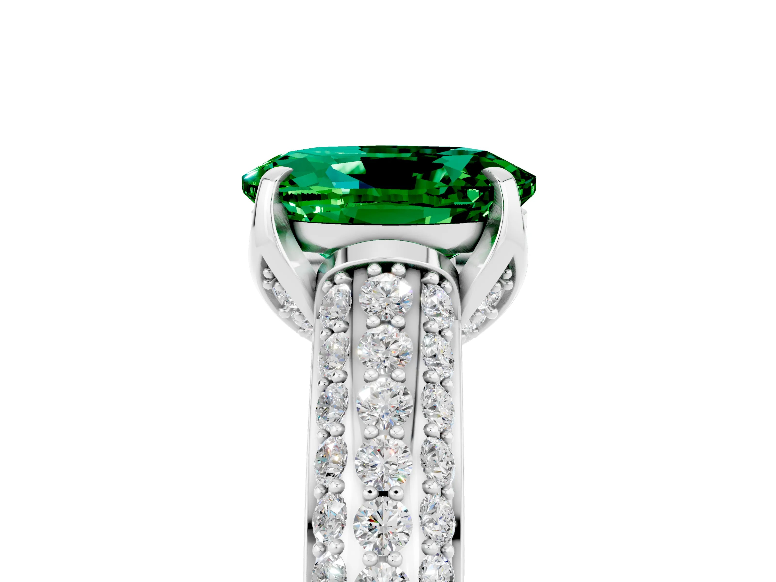 White gold Oval Cut Emerald Solitaire Ring with Three-Row Pavé Band and Four-Prong Setting_17