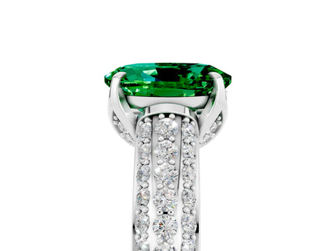 White gold Oval Cut Emerald Solitaire Ring with Three-Row Pavé Band and Four-Prong Setting_17