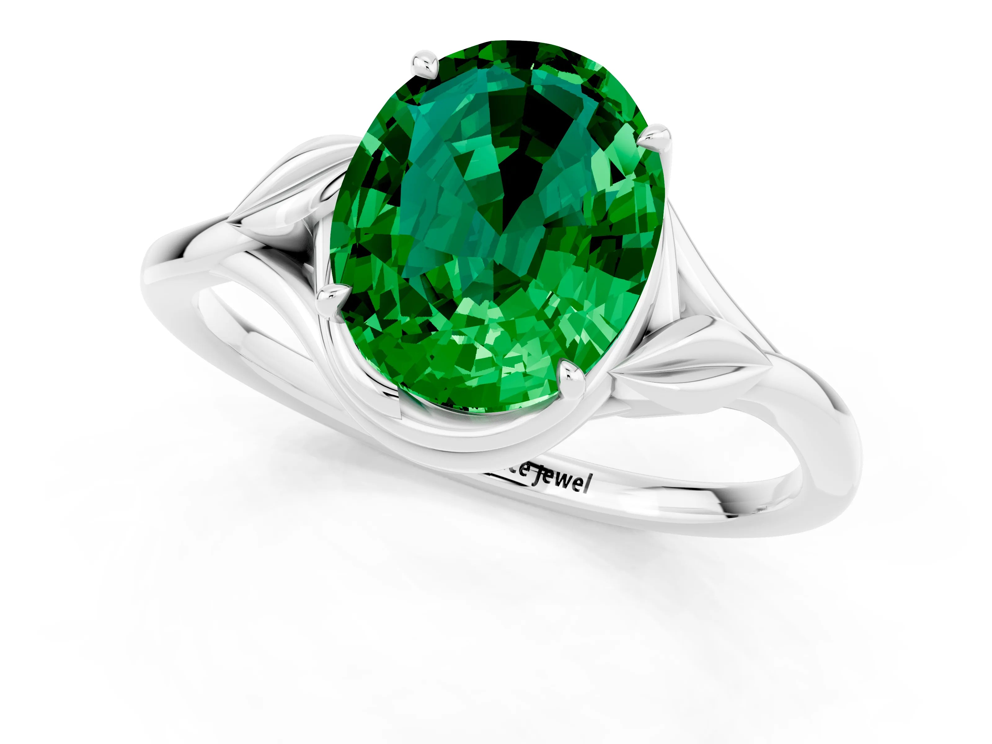 White gold Oval Cut Emerald Solitaire Ring with Twist Band and Four-Prong Setting_13