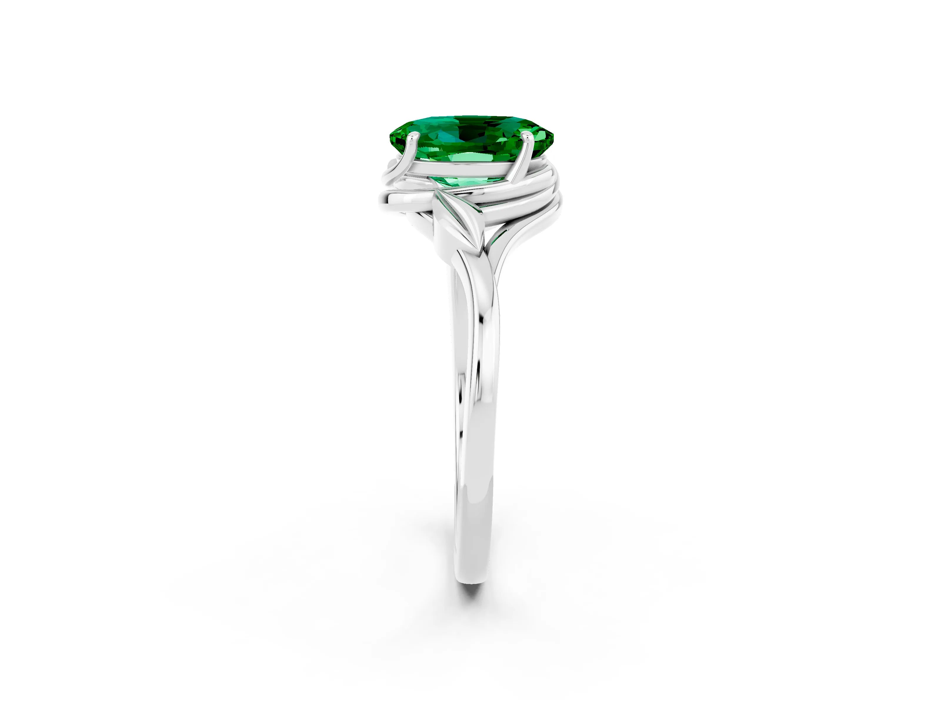 White gold Oval Cut Emerald Solitaire Ring with Twist Band and Four-Prong Setting_14