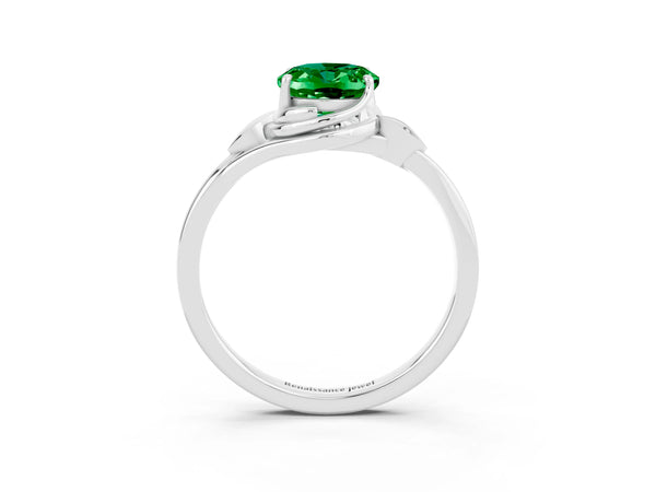Platinum Oval Cut Emerald Solitaire Ring with Twist Band and Four-Prong Setting