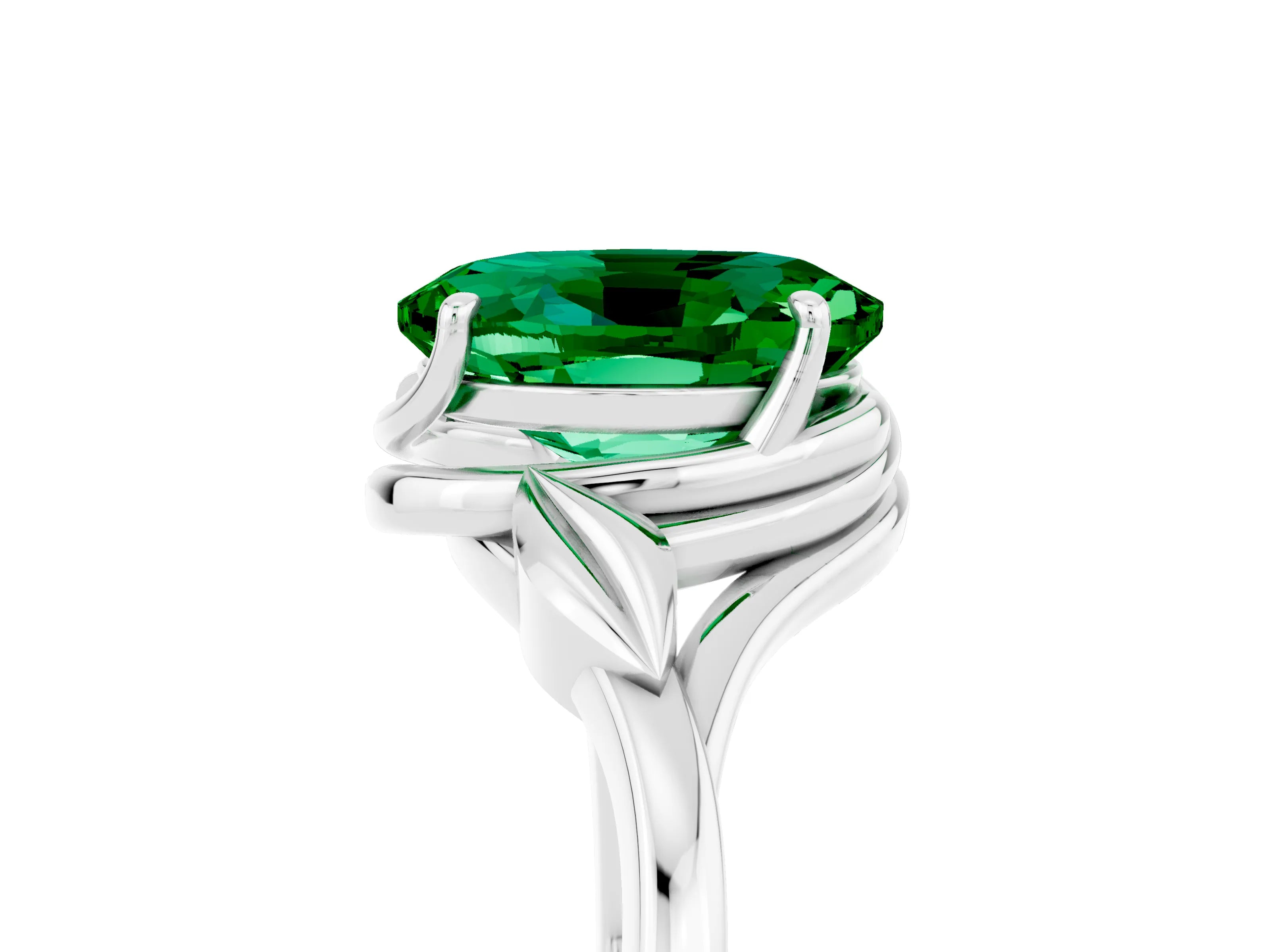 White gold Oval Cut Emerald Solitaire Ring with Twist Band and Four-Prong Setting_17