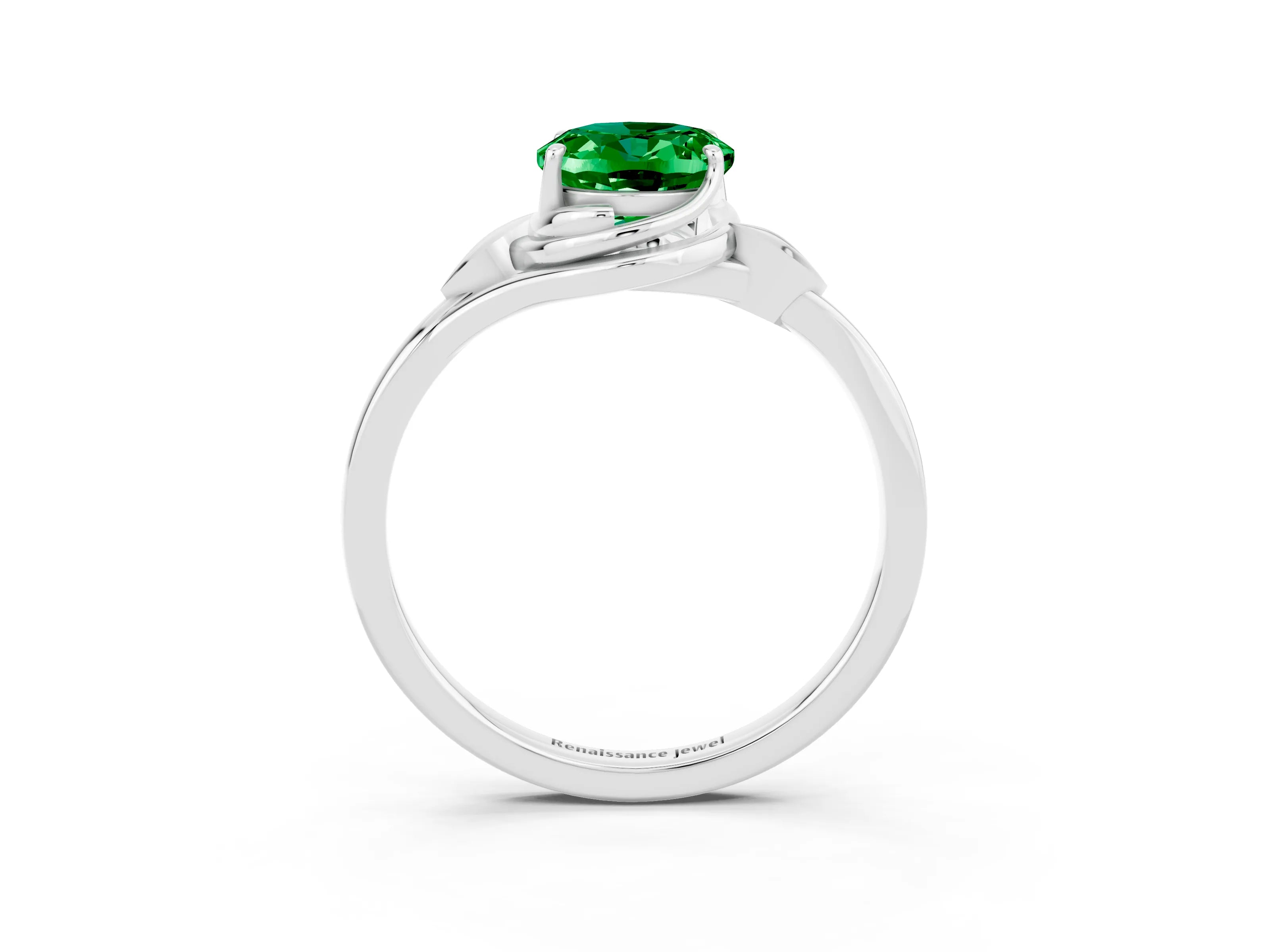 White gold Oval Cut Emerald Solitaire Ring with Twist Band and Four-Prong Setting_39