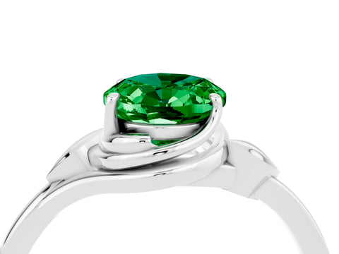 White gold Oval Cut Emerald Solitaire Ring with Twist Band and Four-Prong Setting_40