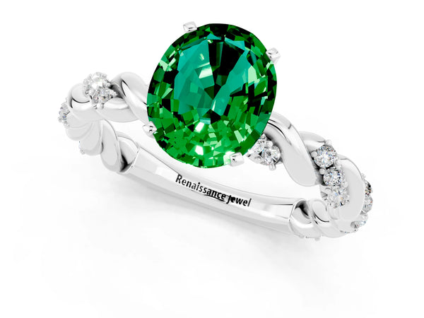Platinum Oval Cut Emerald Solitaire Ring with Twisted Band and Pavé Accents