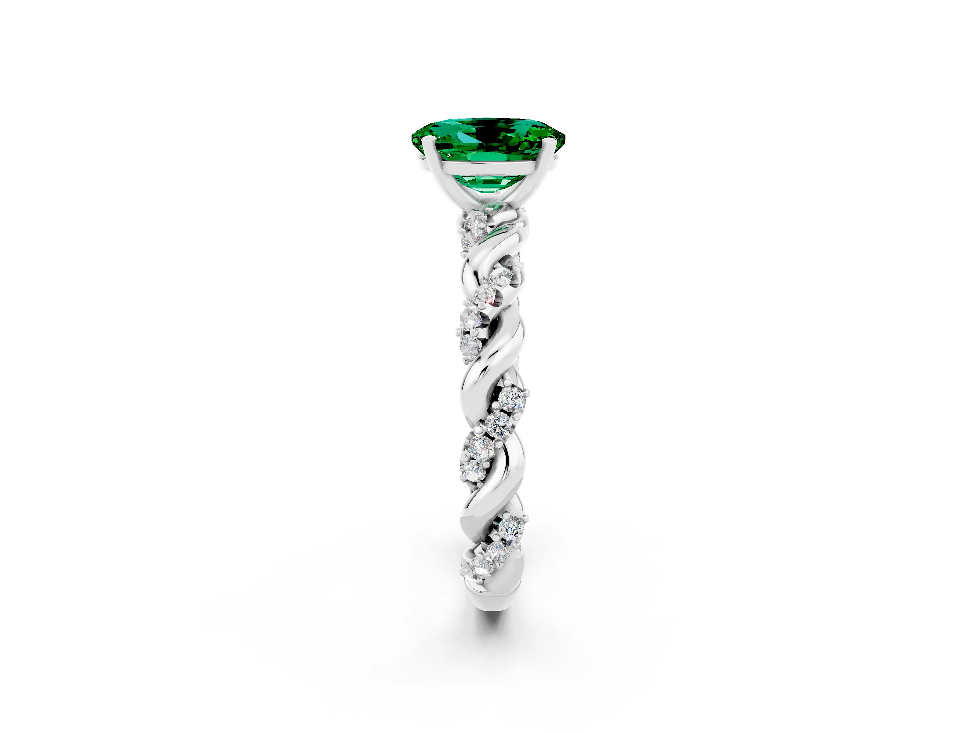 White gold Oval Cut Emerald Solitaire Ring with Twisted Band and Pavé Accents_2