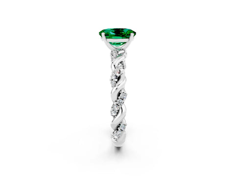 White gold Oval Cut Emerald Solitaire Ring with Twisted Band and Pavé Accents_2