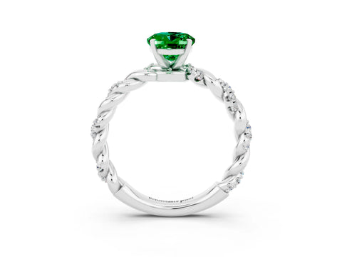 White gold Oval Cut Emerald Solitaire Ring with Twisted Band and Pavé Accents_3