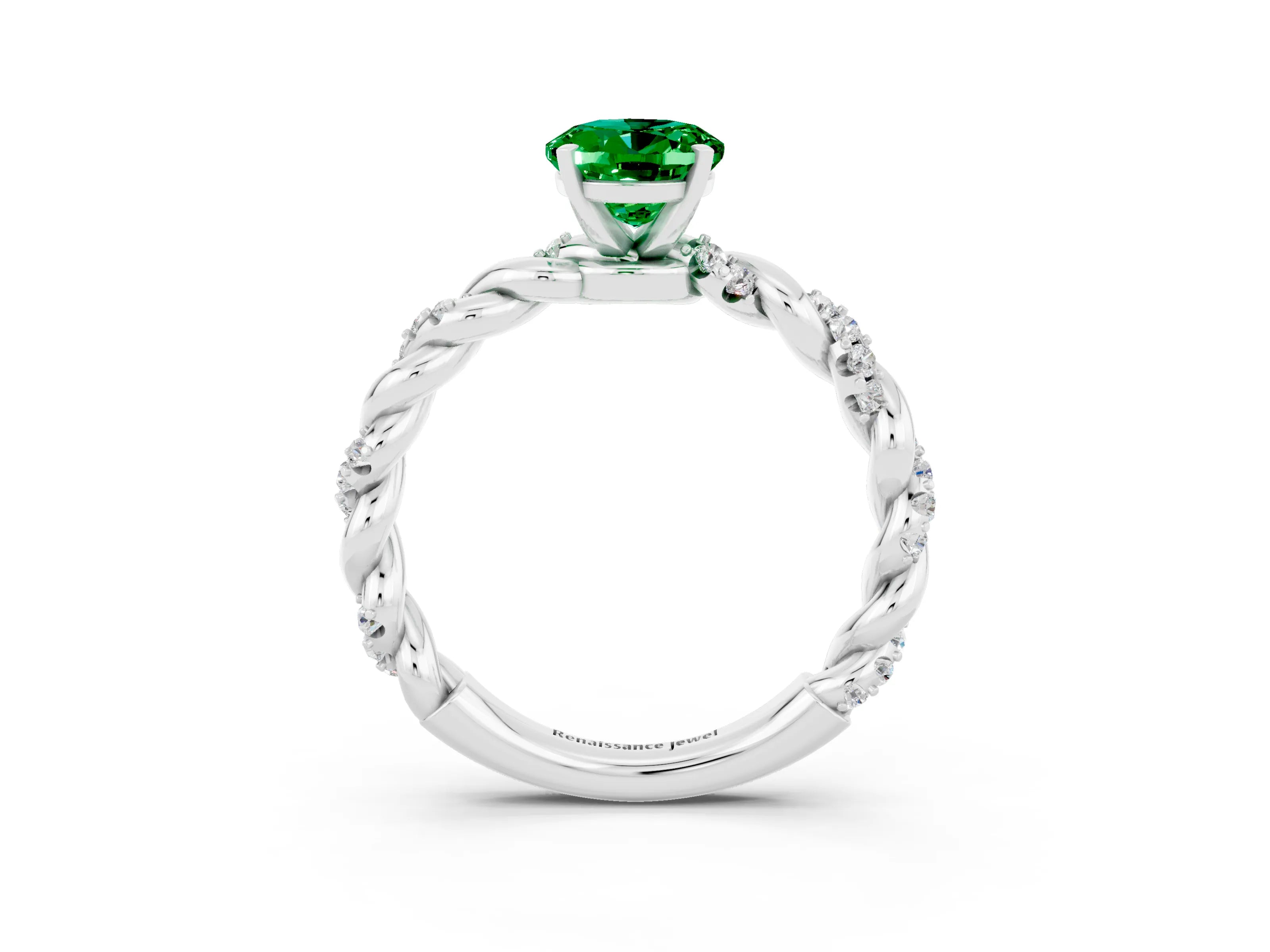White gold Oval Cut Emerald Solitaire Ring with Twisted Band and Pavé Accents_3