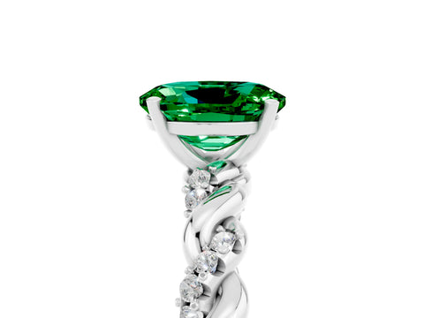 White gold Oval Cut Emerald Solitaire Ring with Twisted Band and Pavé Accents_5