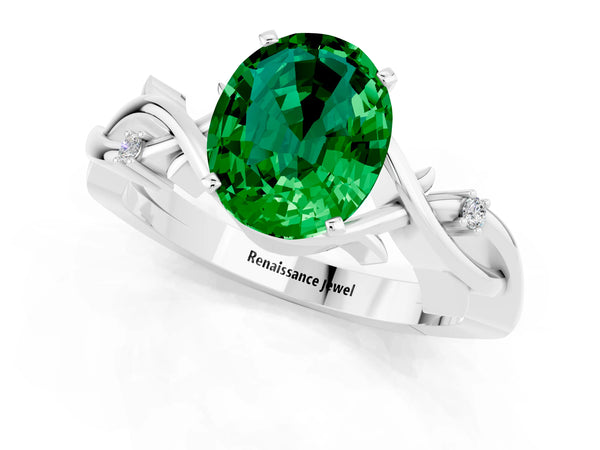 Platinum Oval Cut Emerald Solitaire Ring with Twisted Band and Prong Setting