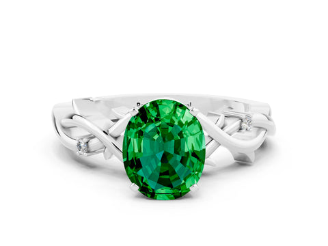 White gold Oval Cut Emerald Solitaire Ring with Twisted Band and Prong Setting_12