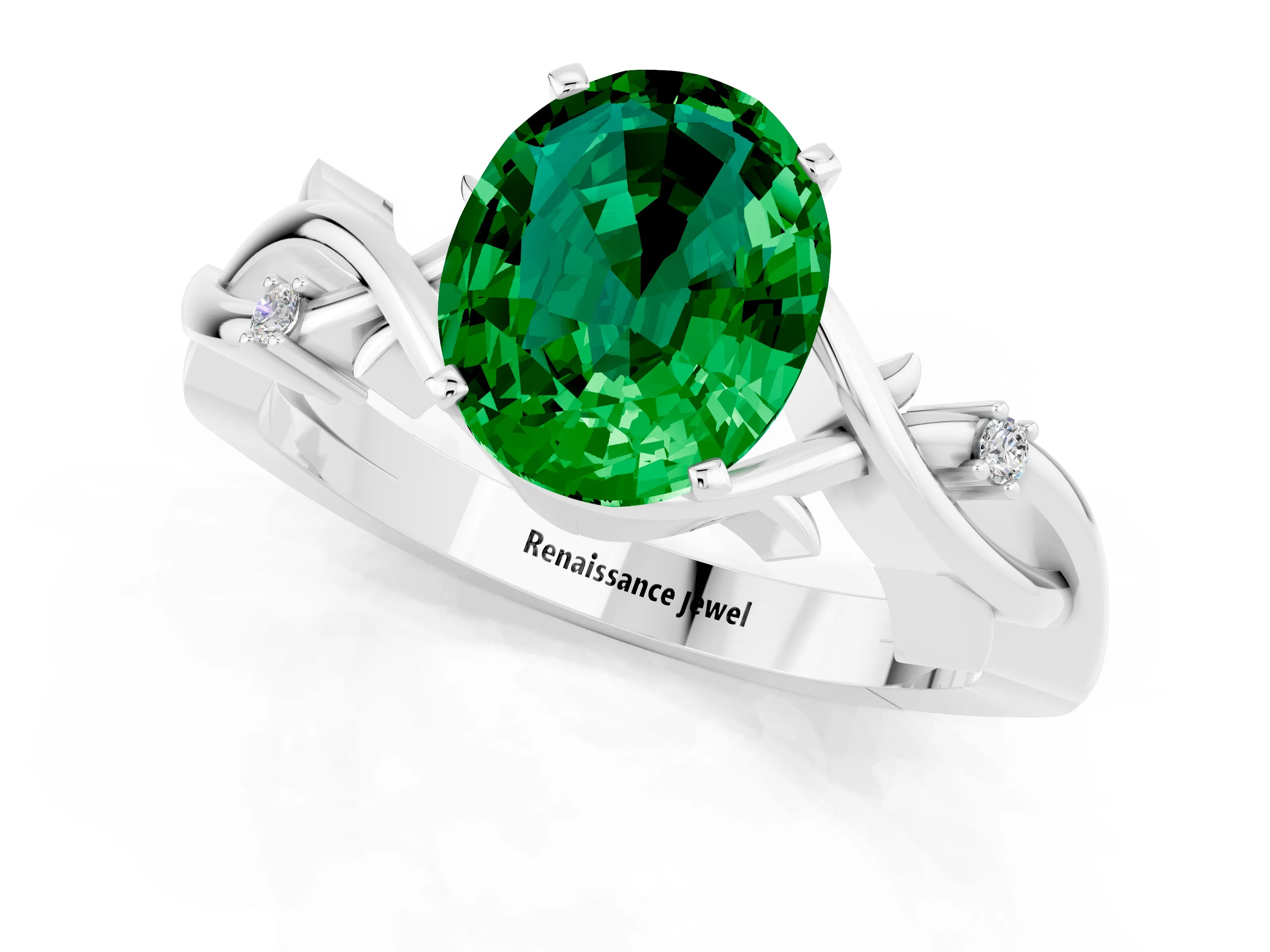White gold Oval Cut Emerald Solitaire Ring with Twisted Band and Prong Setting_13