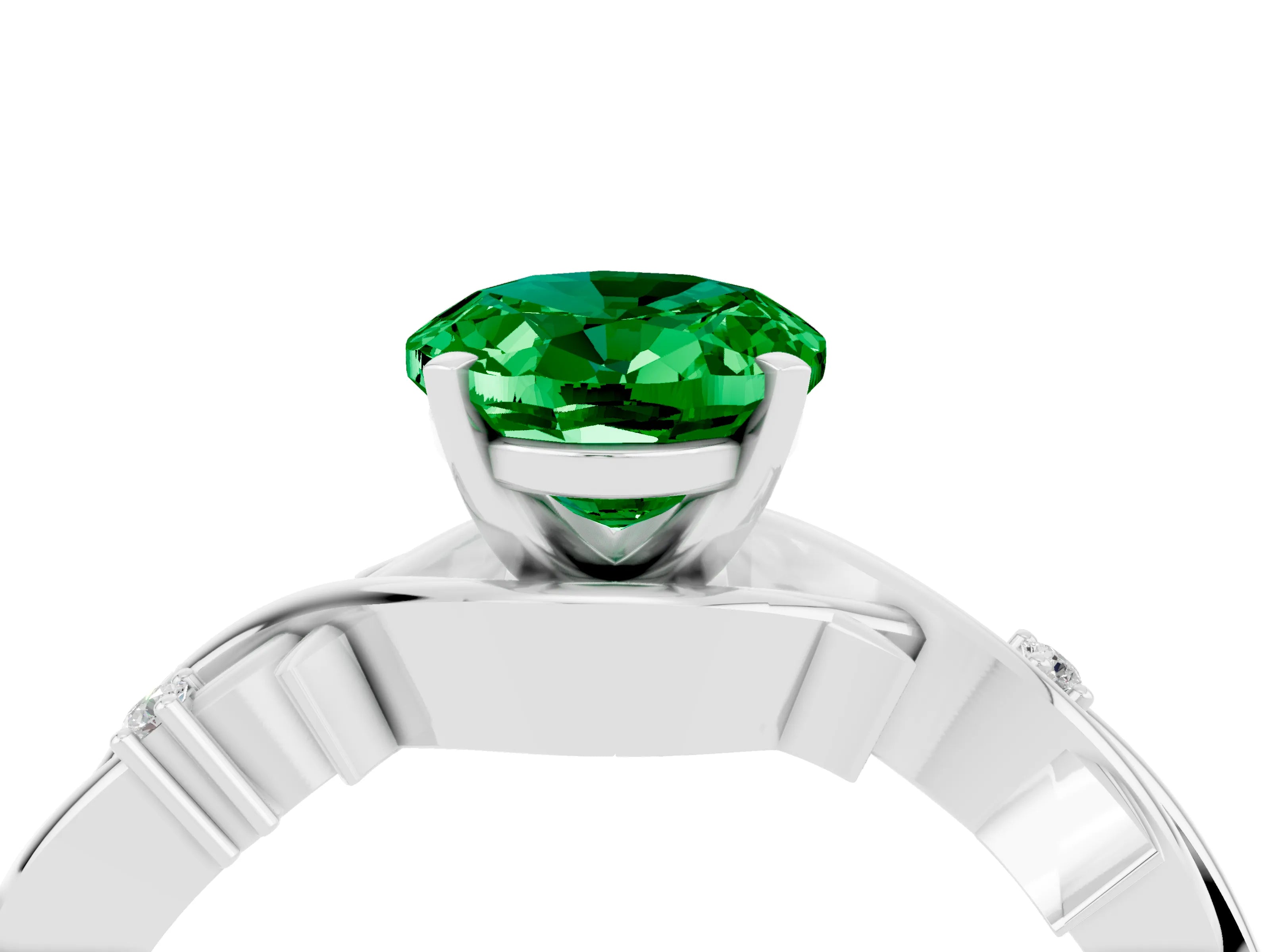 White gold Oval Cut Emerald Solitaire Ring with Twisted Band and Prong Setting_16
