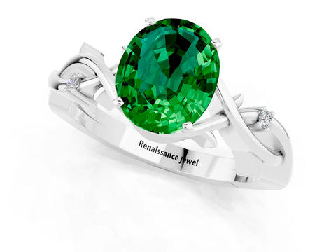 White gold Oval Cut Emerald Solitaire Ring with Twisted Band and Prong Setting_1